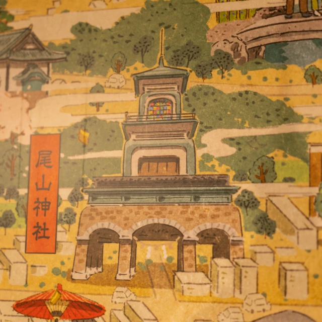 浮世絵風ウォールアートを望むテーブル席